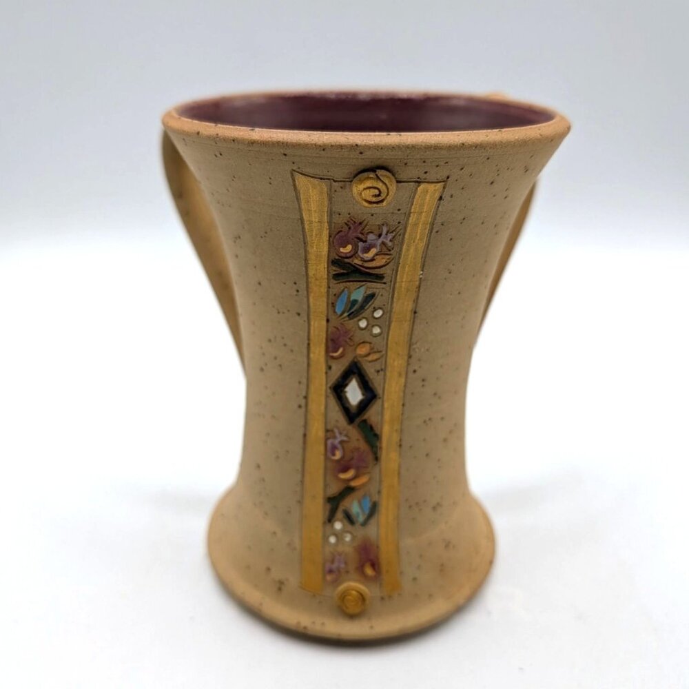 Hand-Thrown Studio Art Pottery Vase w/ Handles & Decorative Panel down the cente